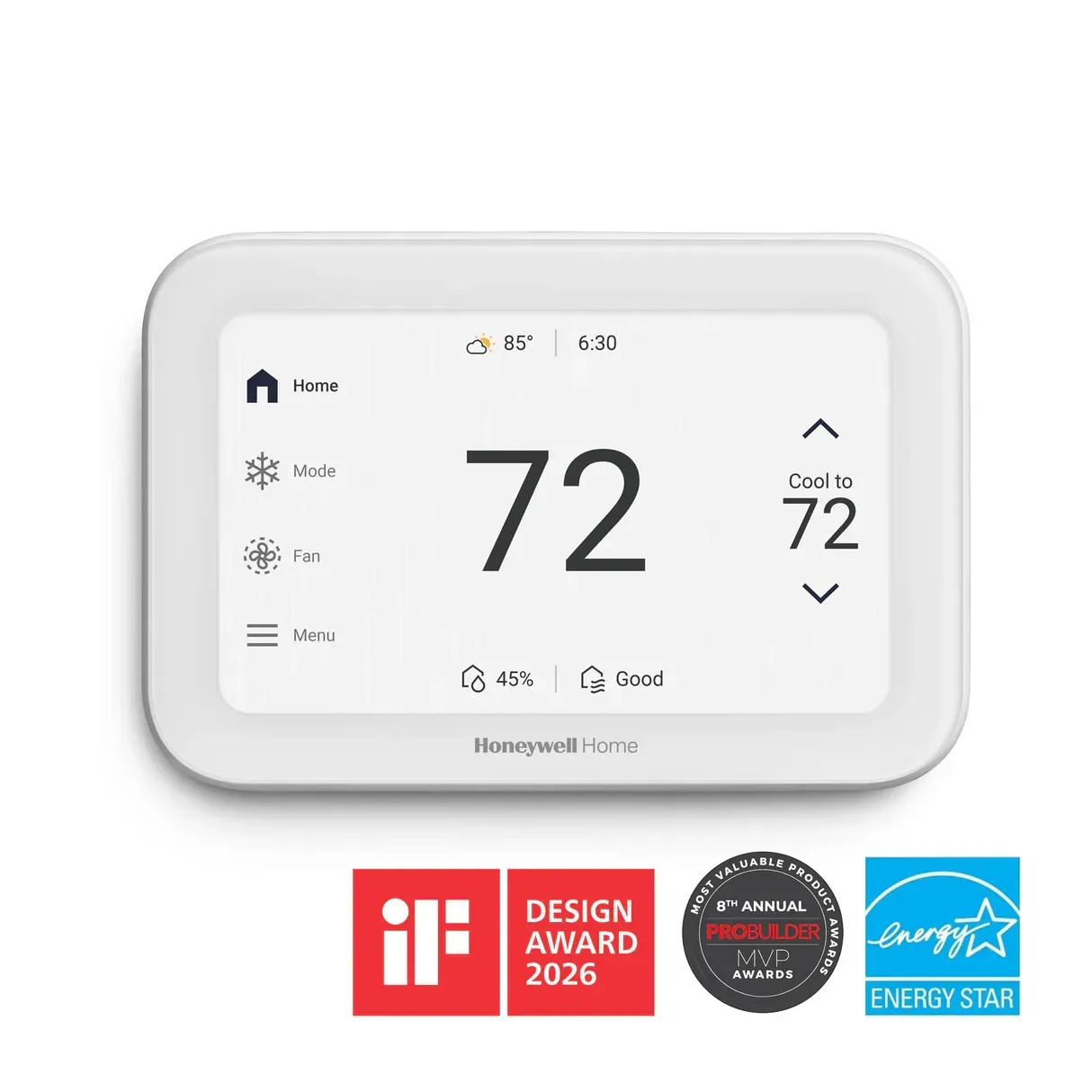 Smart white thermostat display showing 72°F with app icons and award badges below