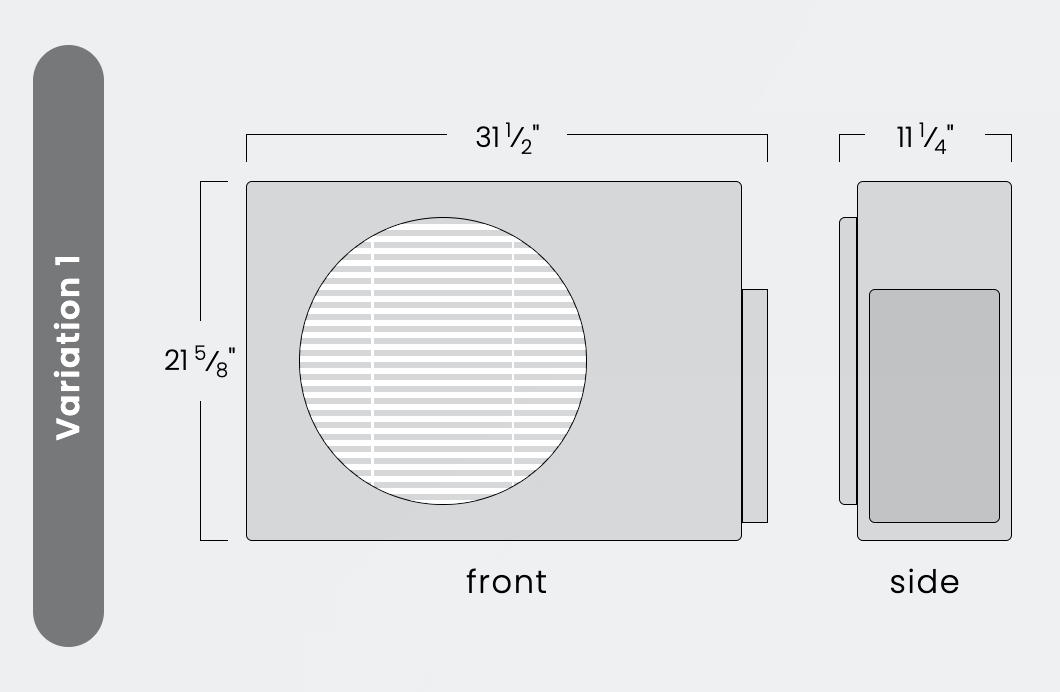 Diagram of a gray wall-mounted box with front and side views, labeled dimensions and “Variation 1.”