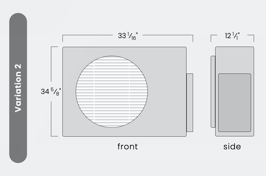Technical diagram showing front and side views of a gray block with a large circular cutout.