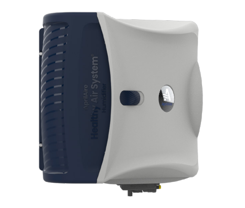 Compact blue and white air system device with vents and a small display panel