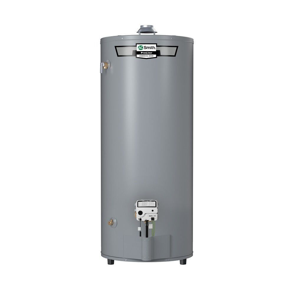 Gray vertical water heater with control panel and pipes at the bottom