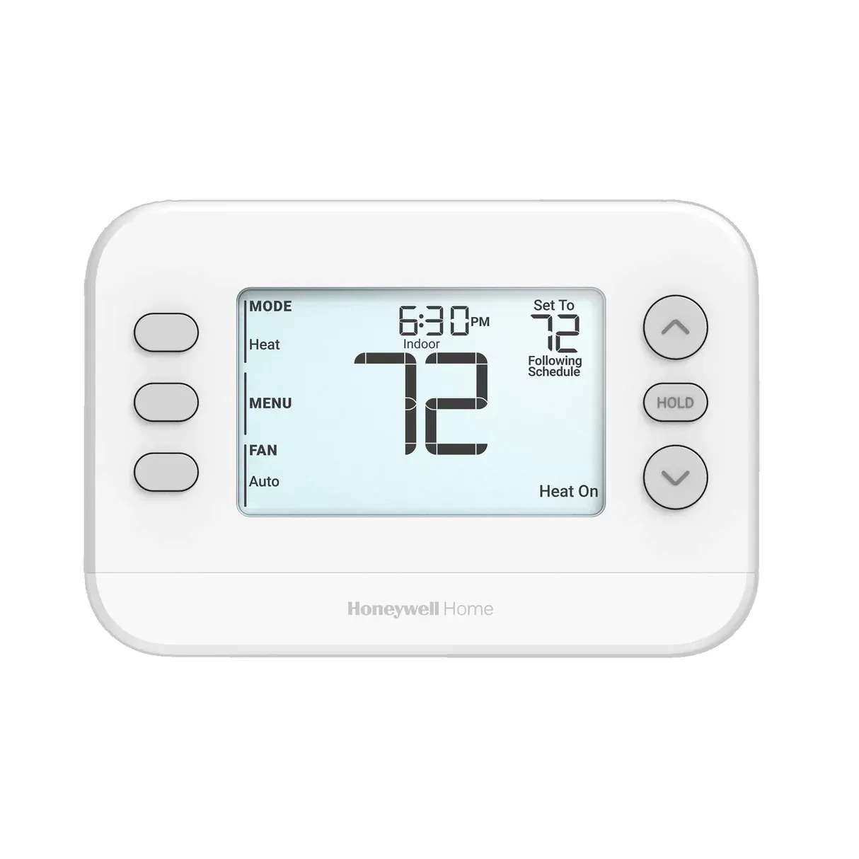 White Honeywell thermostat display showing 72°F with up/down buttons on the right and mode buttons on the left