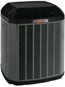 Outdoor air conditioning unit with gray sides and black top grille