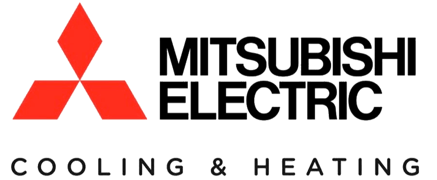 Mitsubishi Electric logo with red triangular emblem and black text, plus “Cooling & Heating” tagline