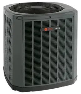 Black Trane outdoor air conditioner unit with top fan grille and front vented panels