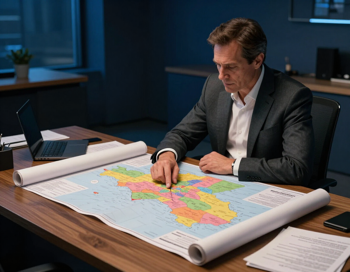 Film producer reviewing distribution territory map for gap financing at BFG Underwriting Phoenix AZ
