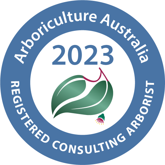 Arboriculture Australia 2023 Registered Consulting Arborist circular logo with green leaves and blue border