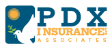Logo for PDX Insurance Associates, featuring a dove holding olive branch, sun, and letters "PDX".