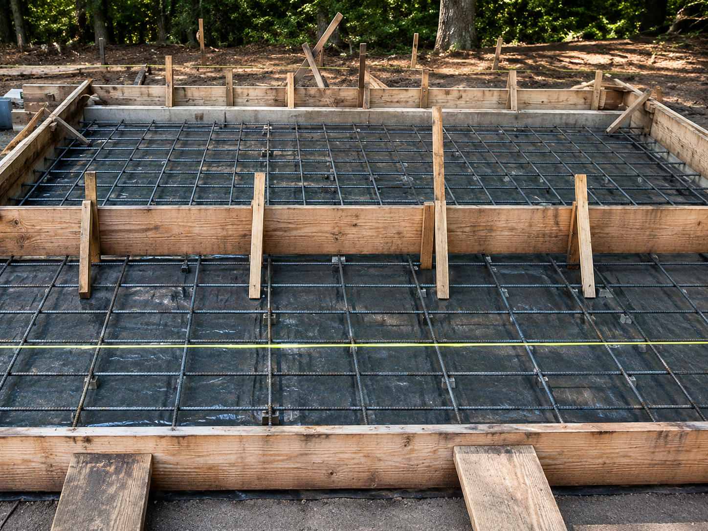 Wooden concrete formwork with rebar laid over a prepared foundation site