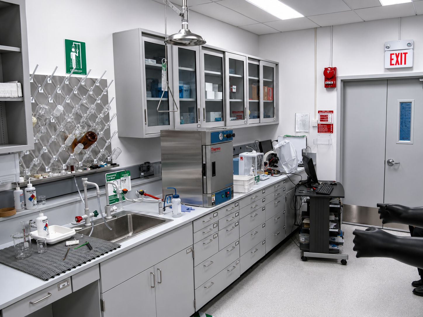 Medical exam room with cabinets, sink, counter, and exam table under bright fluorescent lights