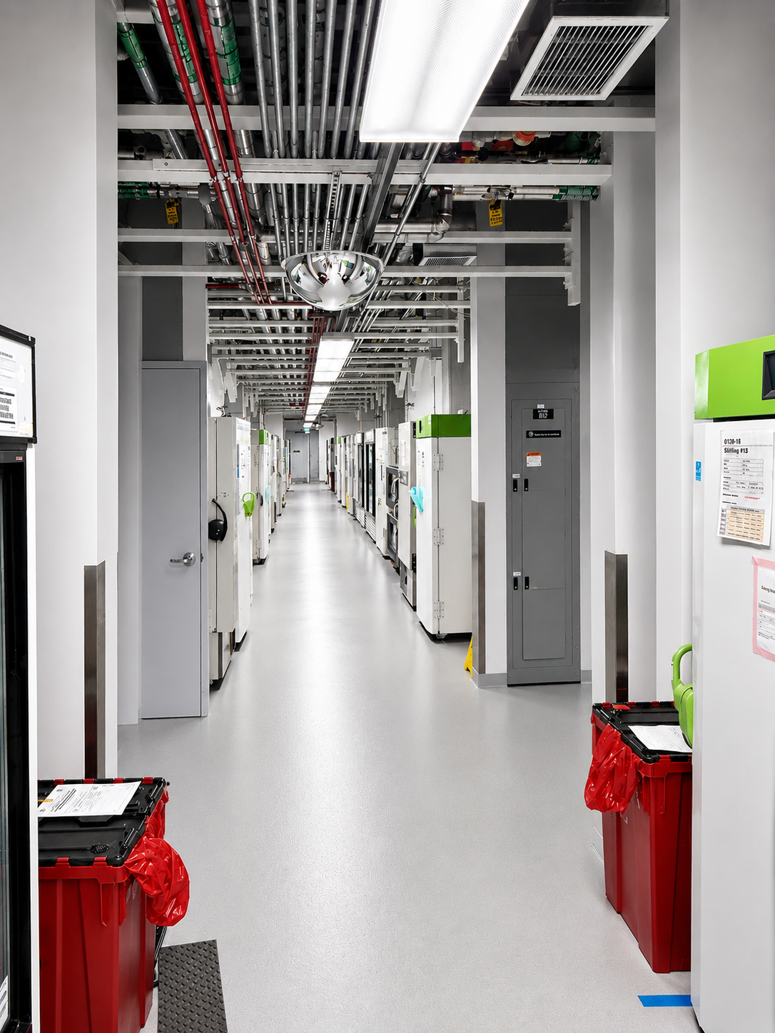 Long hallway in a clean utility corridor with exposed cables, white walls, and red trash bins