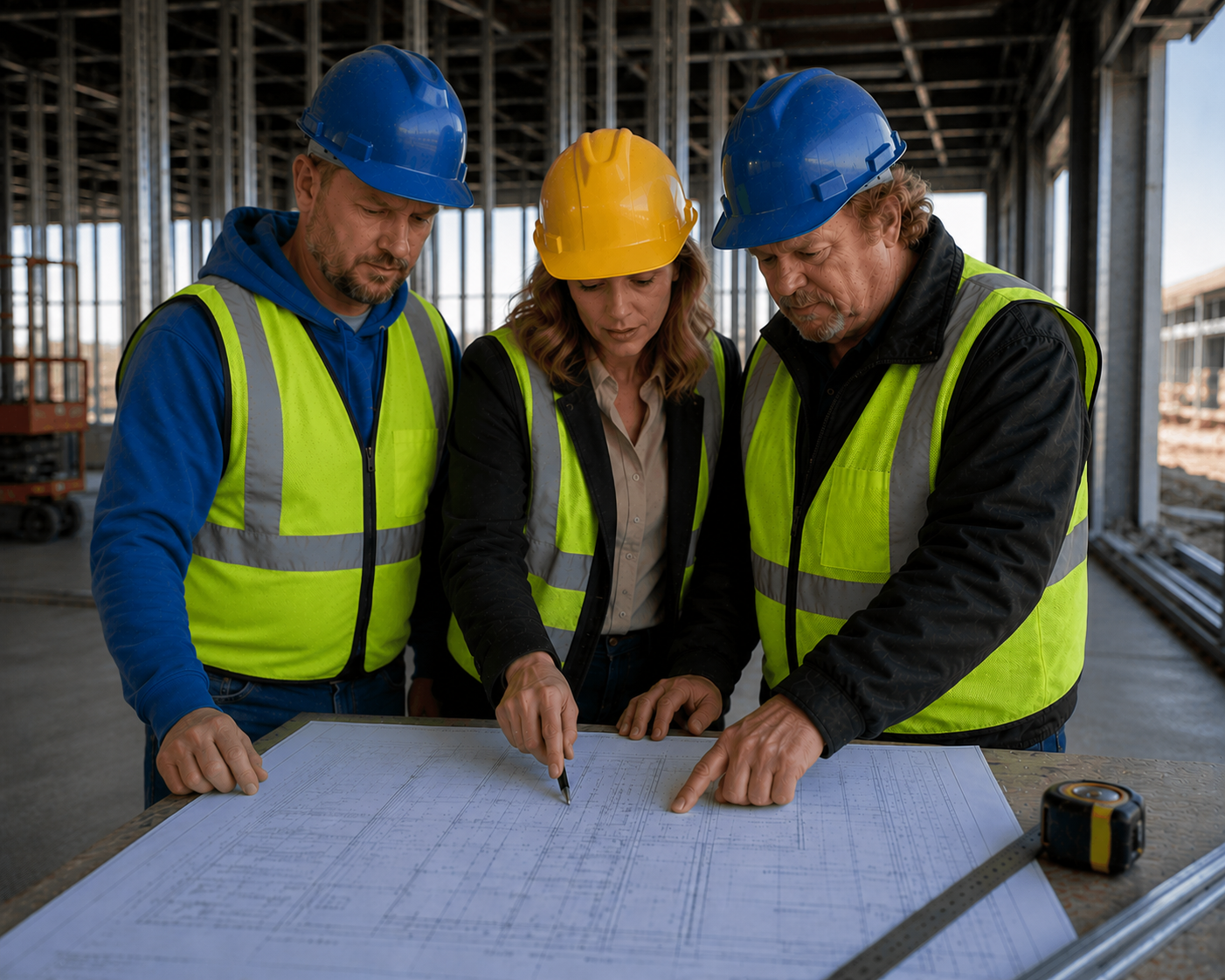 Three construction workers in hard hats reviewing blueprints at a building site