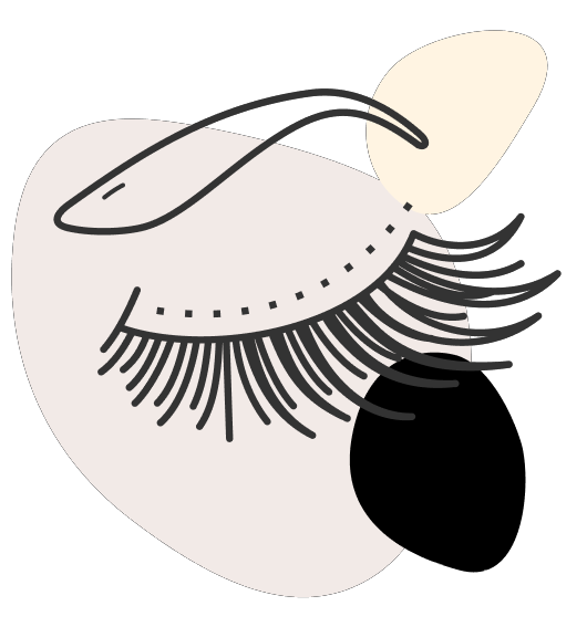 A minimalist line art drawing of a closed eye with long eyelashes, layered over abstract cream and black shapes.