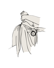 A minimalist line art drawing of a closed eye with long eyelashes, layered over abstract cream and black shapes.