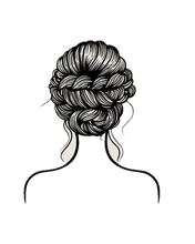 A minimalist line art drawing of a closed eye with long eyelashes, layered over abstract cream and black shapes.