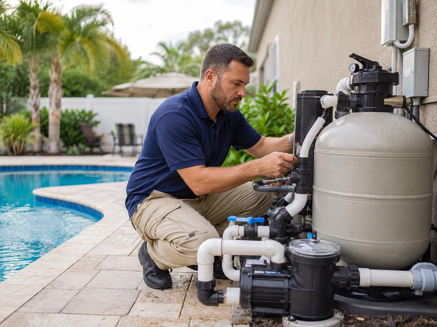 professional pool cleaning service checking pool equipment