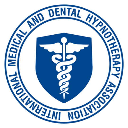 Blue circular logo for the International Medical and Dental Hypnotherapy Association with caduceus symbol