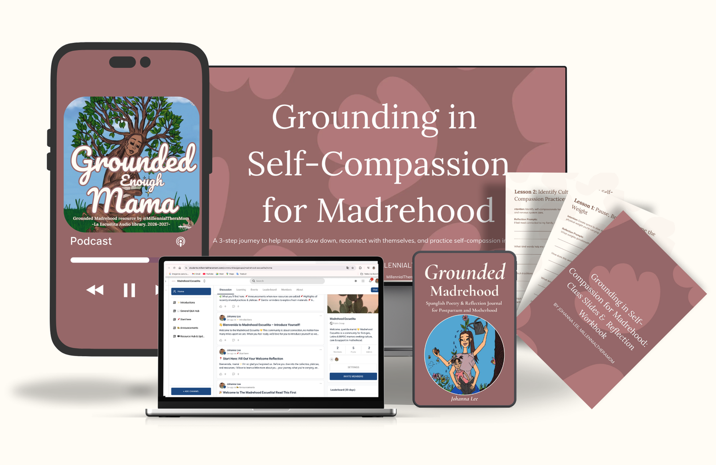 Grounded Madrehood Foundations promo with laptop, phone, and book on a pink background