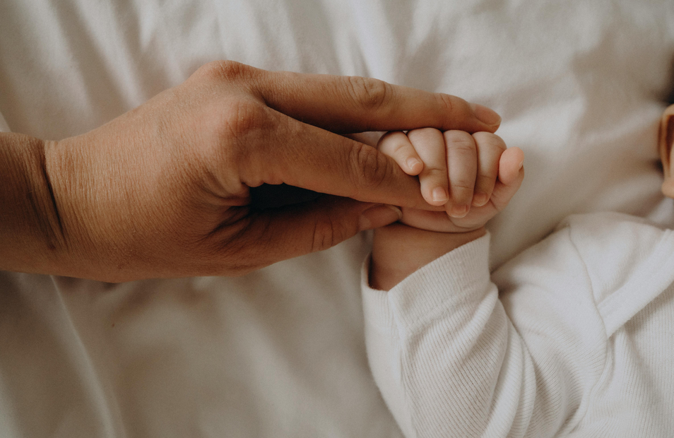 Adult hand holding a baby’s hand on white bedding
