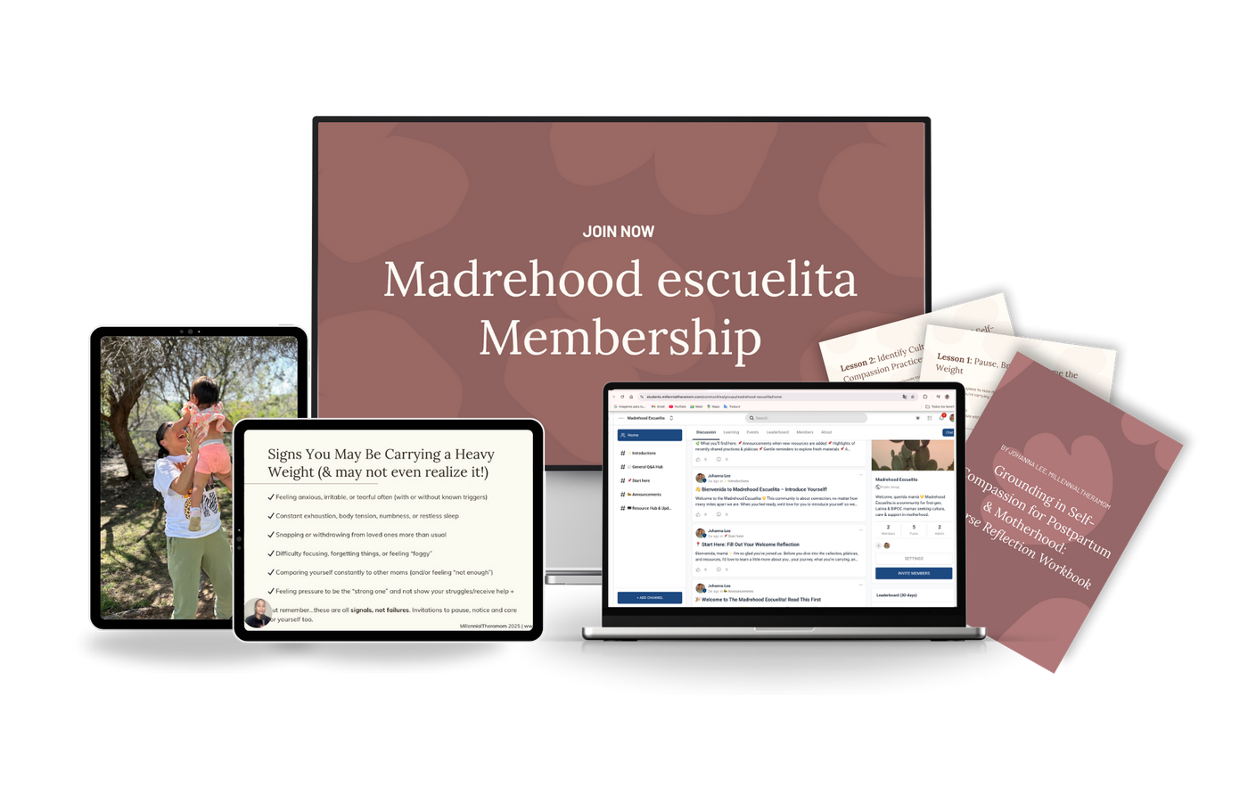Madrehood escuelita membership promo with laptop, tablet, and book on a pink background