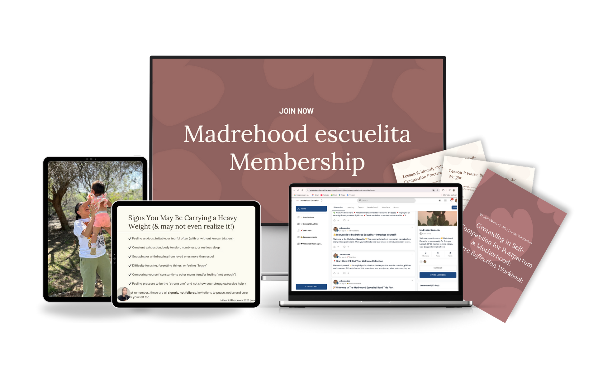 Madrehood escuelita membership promo with laptop, tablet, and book on a pink background