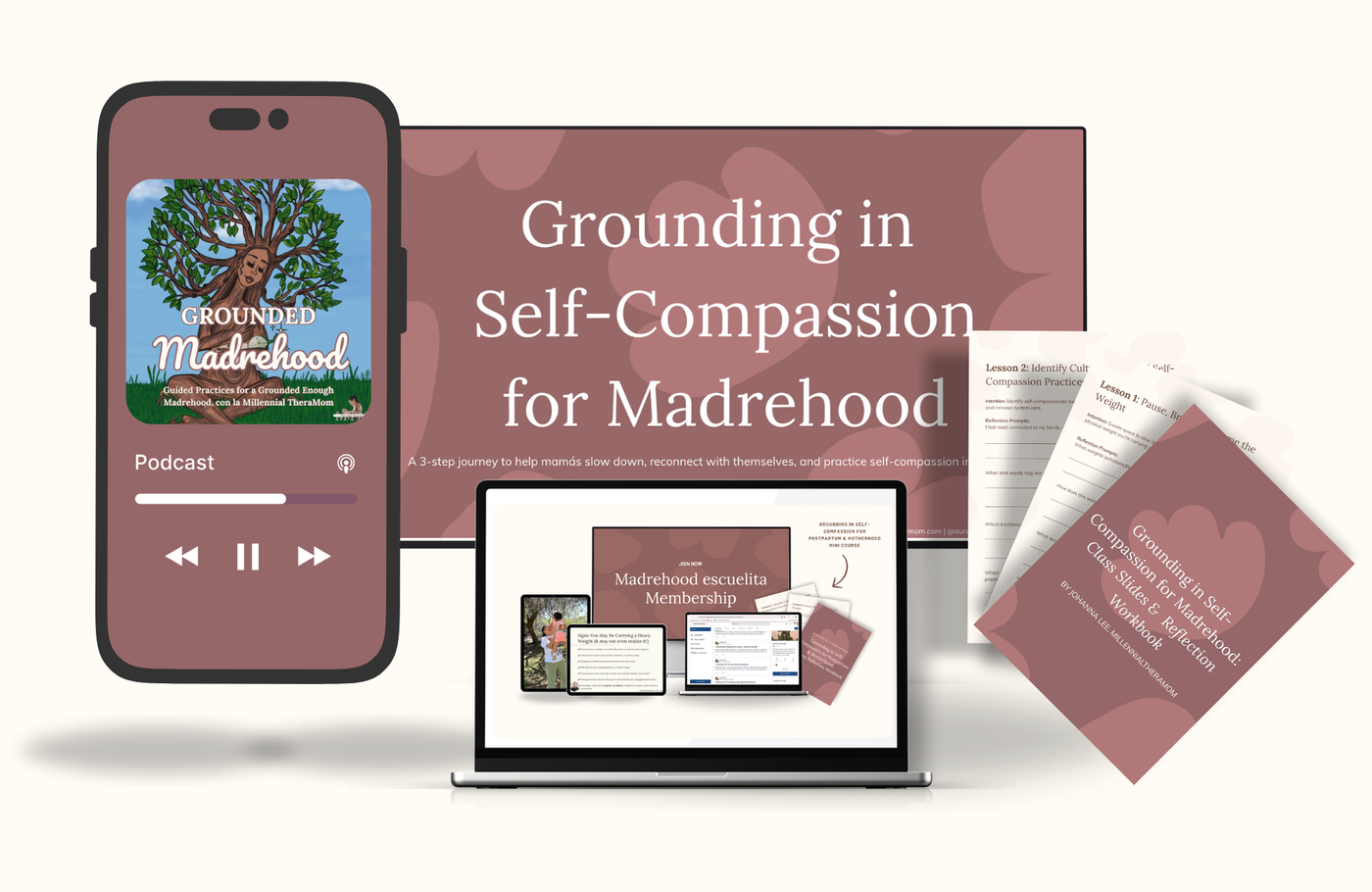 Grounded Madrehood Foundations promo with laptop, phone, and book on a pink background