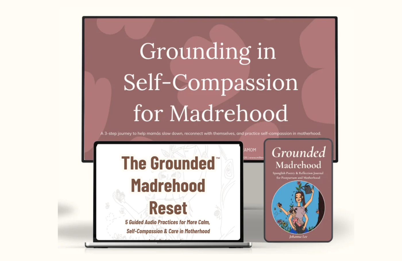 Grounded Madrehood Foundations promo with laptop, phone, and book on a pink background
