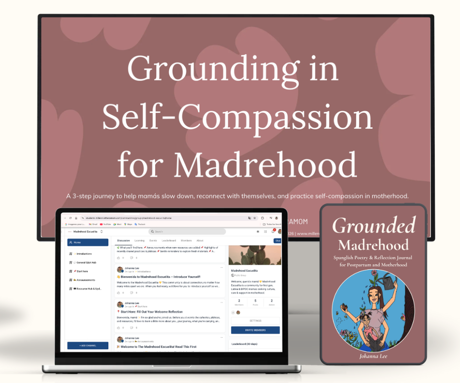Grounded Madrehood Foundations promo with laptop, phone, and book on a pink background