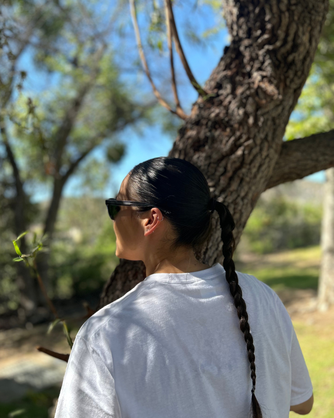 Person with braided hair and sunglasses sits outdoors beside a tree in dappled sunlight