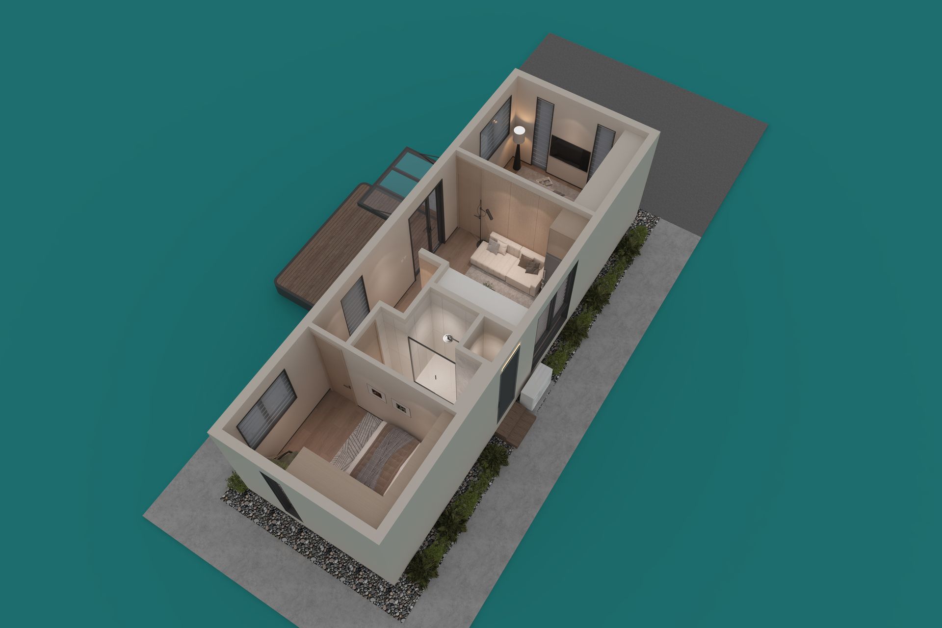 Metal frame structure of a building under construction inside a factory with a red crane.