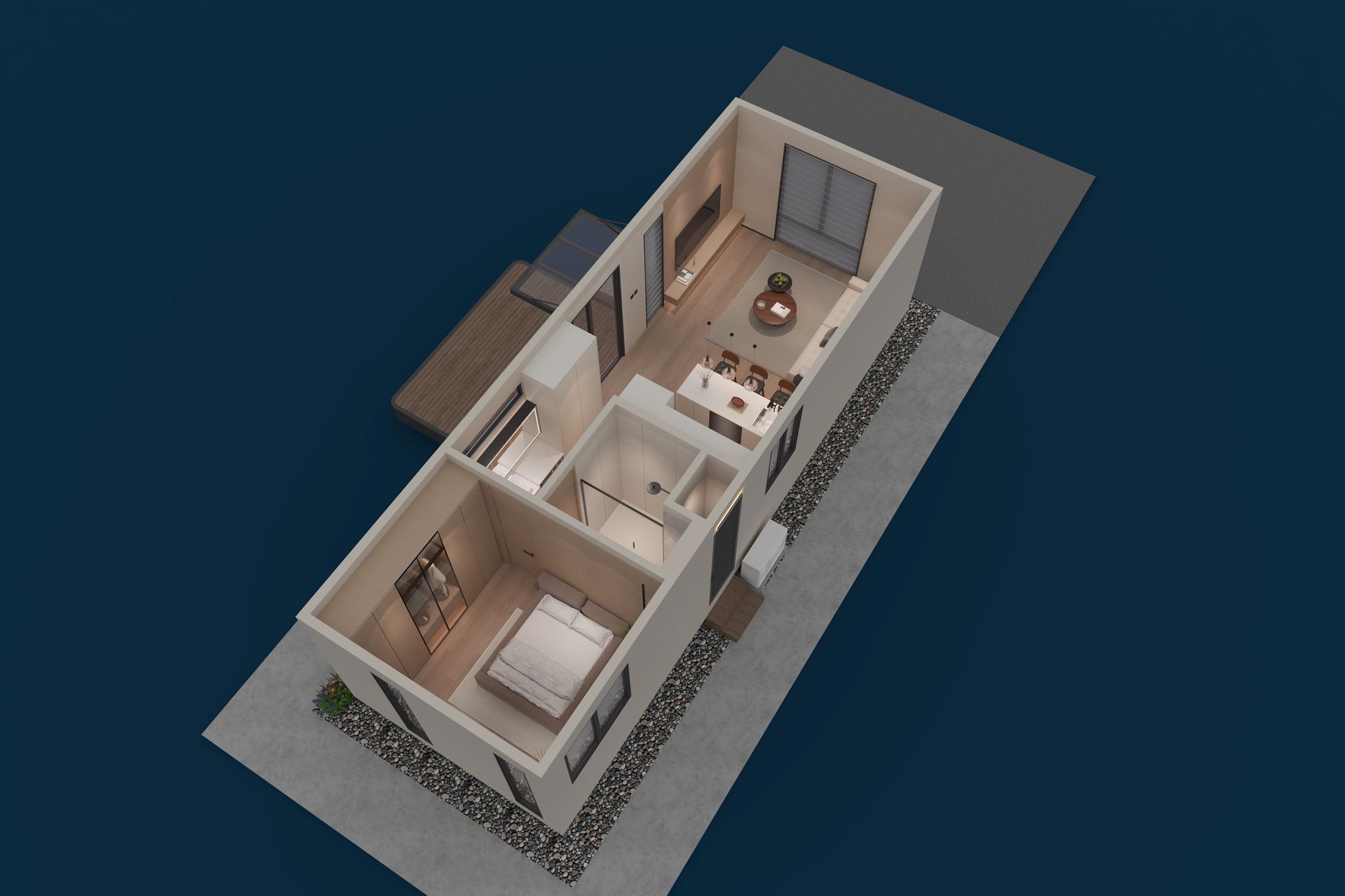 Metal frame structure of a building under construction inside a factory with a red crane.