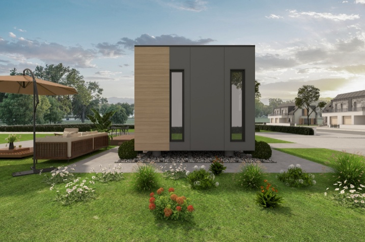 A small house with a lot of windows and doors