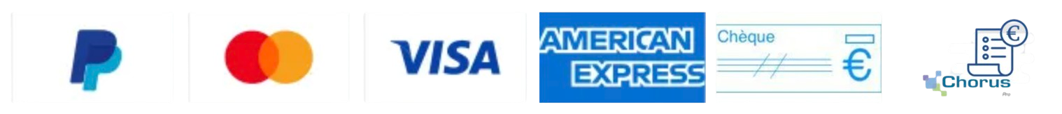 Logos des moyens de paiement PayPal, Mastercard, Visa, American Express, euro et iDEAL sur fond blanc