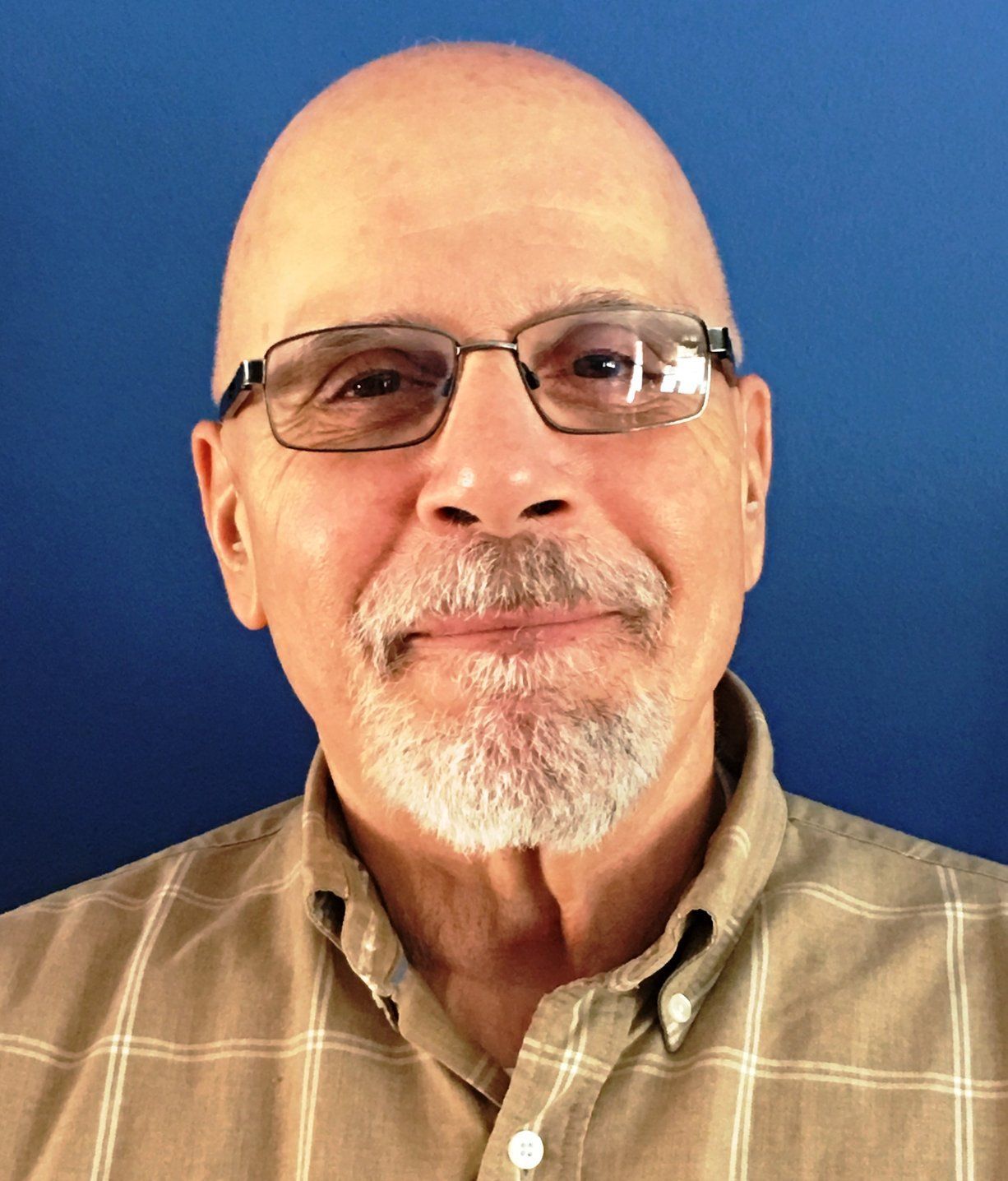 Portrait of a bald man with glasses and a goatee against a blue background