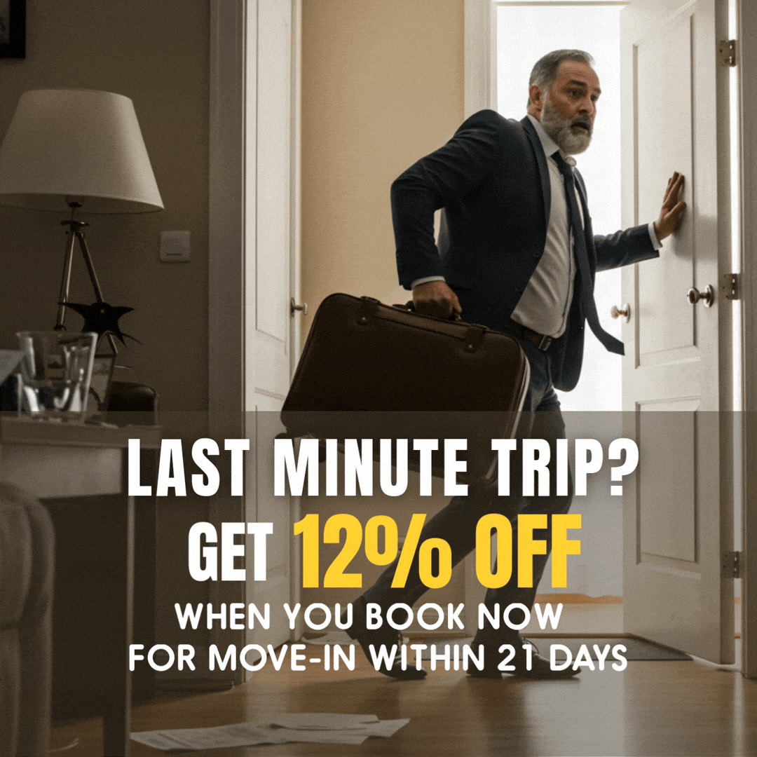 A man in a suit and tie is carrying a suitcase and a sign that says last minute trip get 12 % off