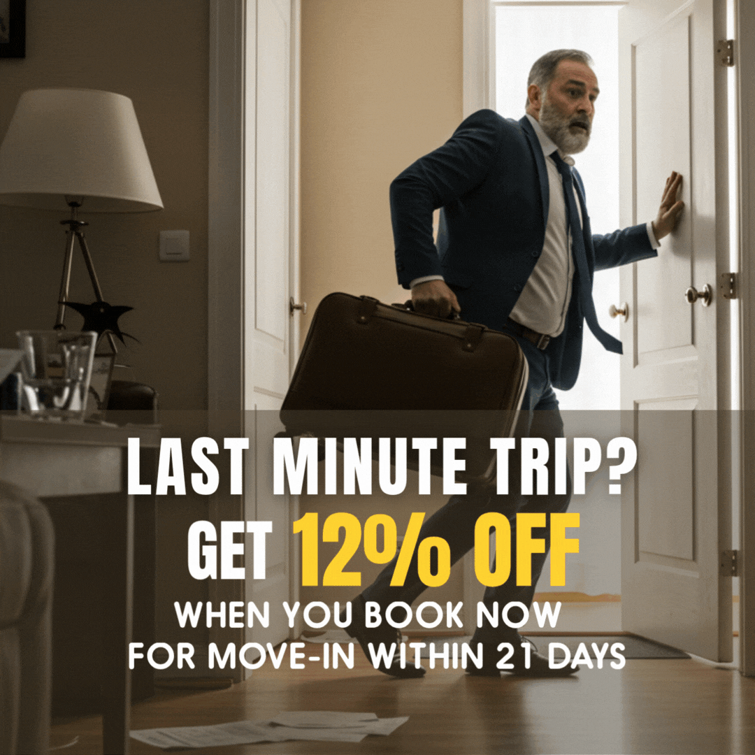 A man in a suit and tie is carrying a suitcase and a sign that says last minute trip get 12 % off