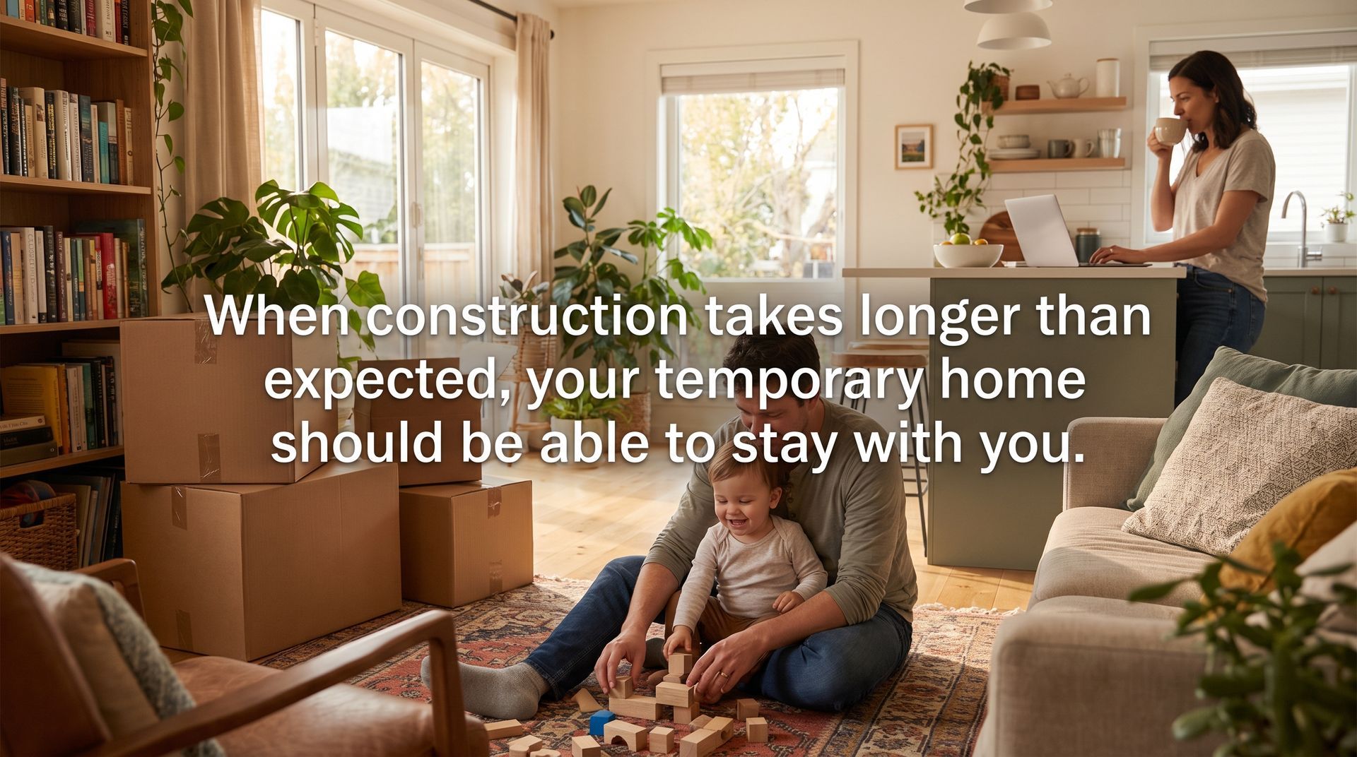 family relaxing in temporary home