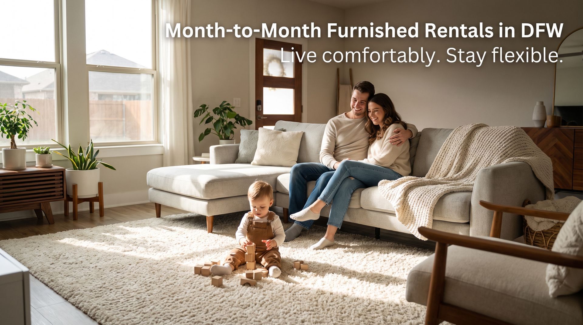 Family relaxing in a furnished apartment
