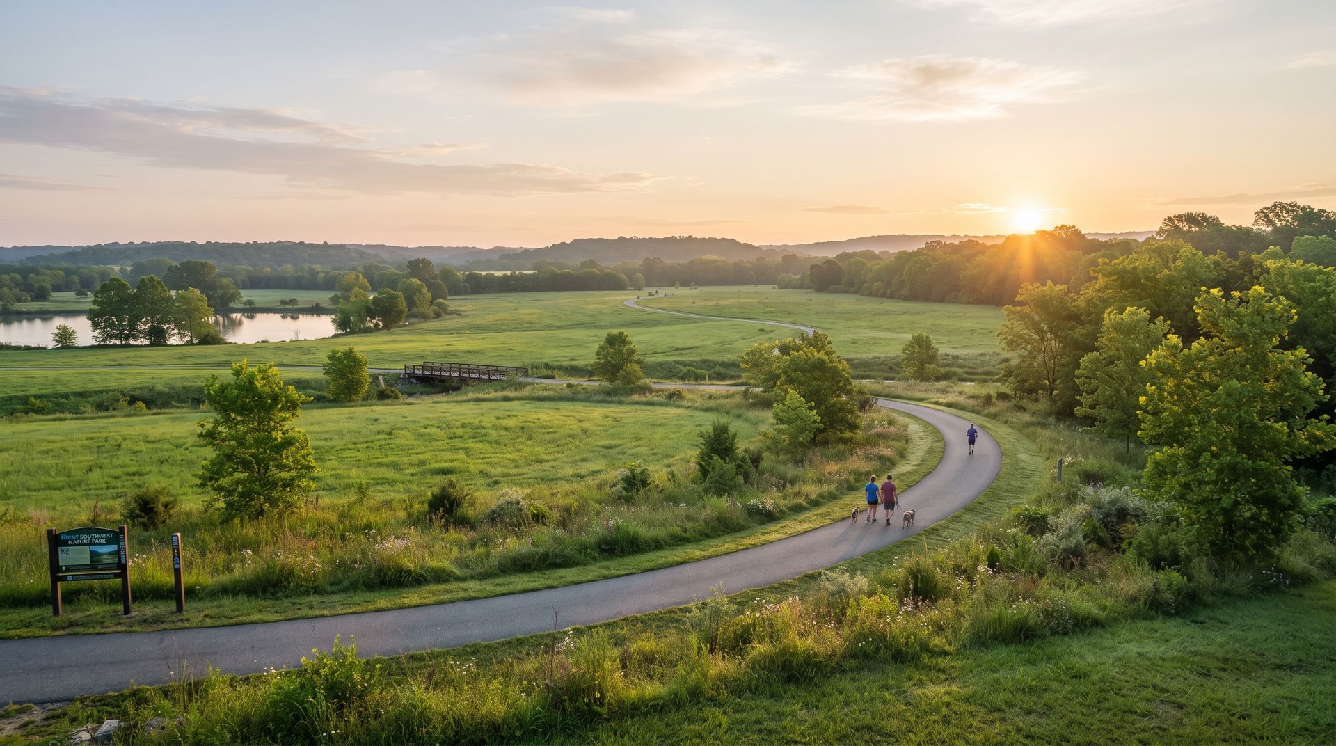 Scenic view of paved walking trail and green space at Great Southwest Nature Park in Grand Prairie, TX.