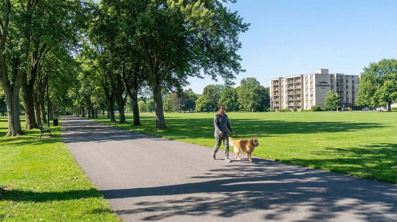 Visitor enjoying a morning walk on the paved trail at Great Southwest Nature Park.