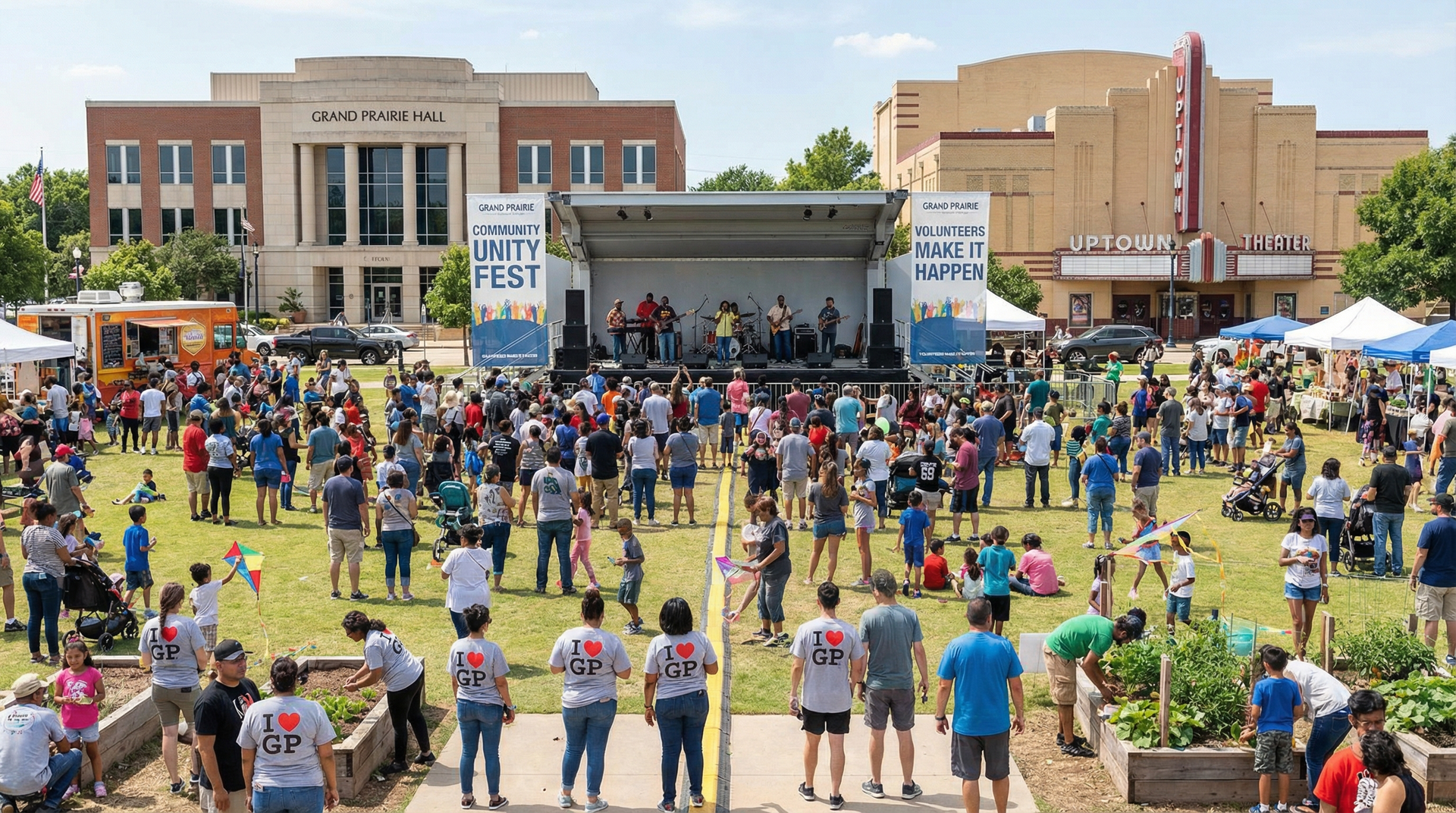 Outdoor concert crowd gathered on a lawn facing a stage in a downtown plaza, with tents and buildings behind.