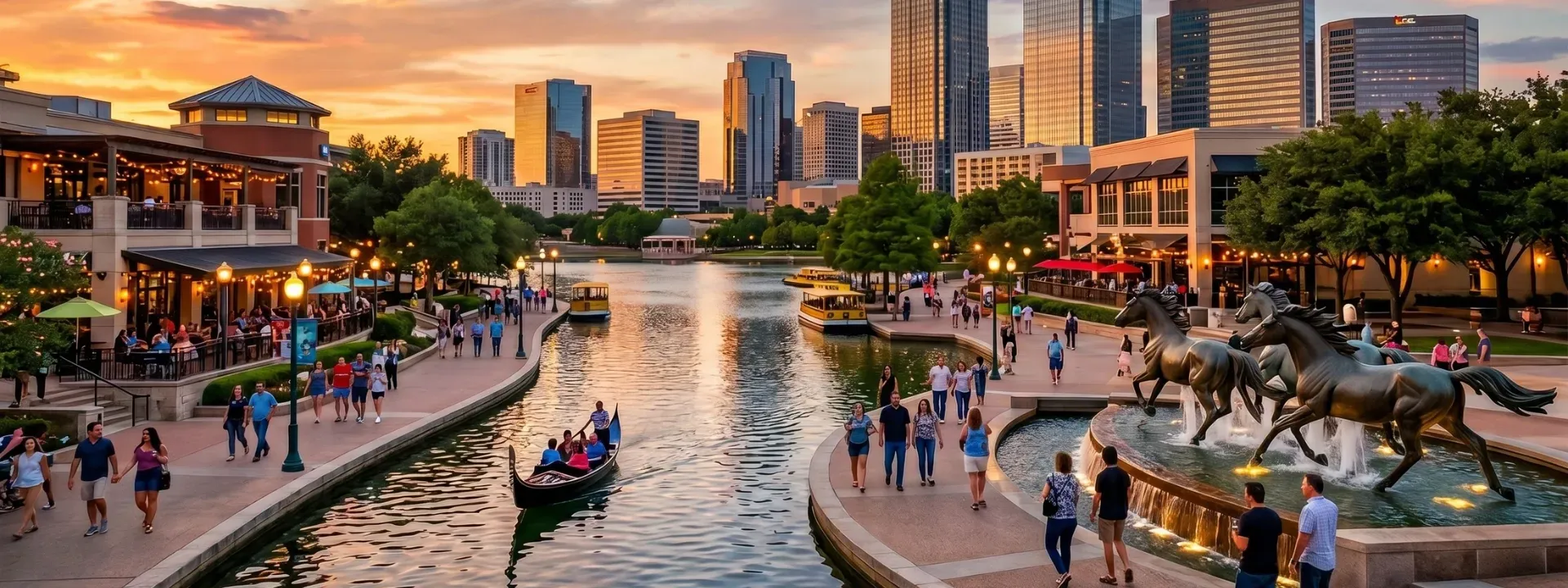 Sunset canal walk with people, boats, palm trees, and city skyscrapers reflecting in the water
