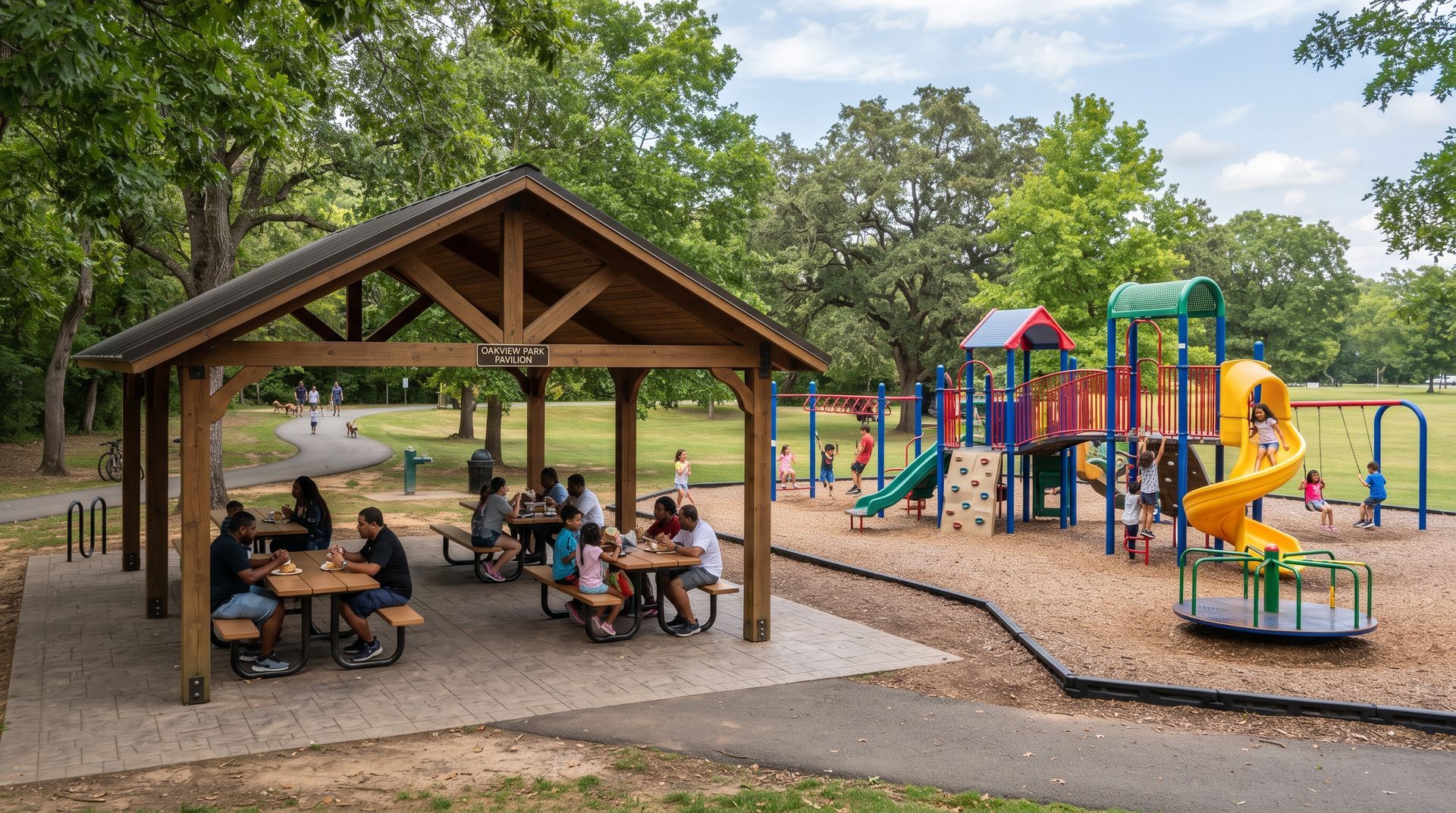 Shaded picnic pavilion and playground at Great Southwest Nature Park.