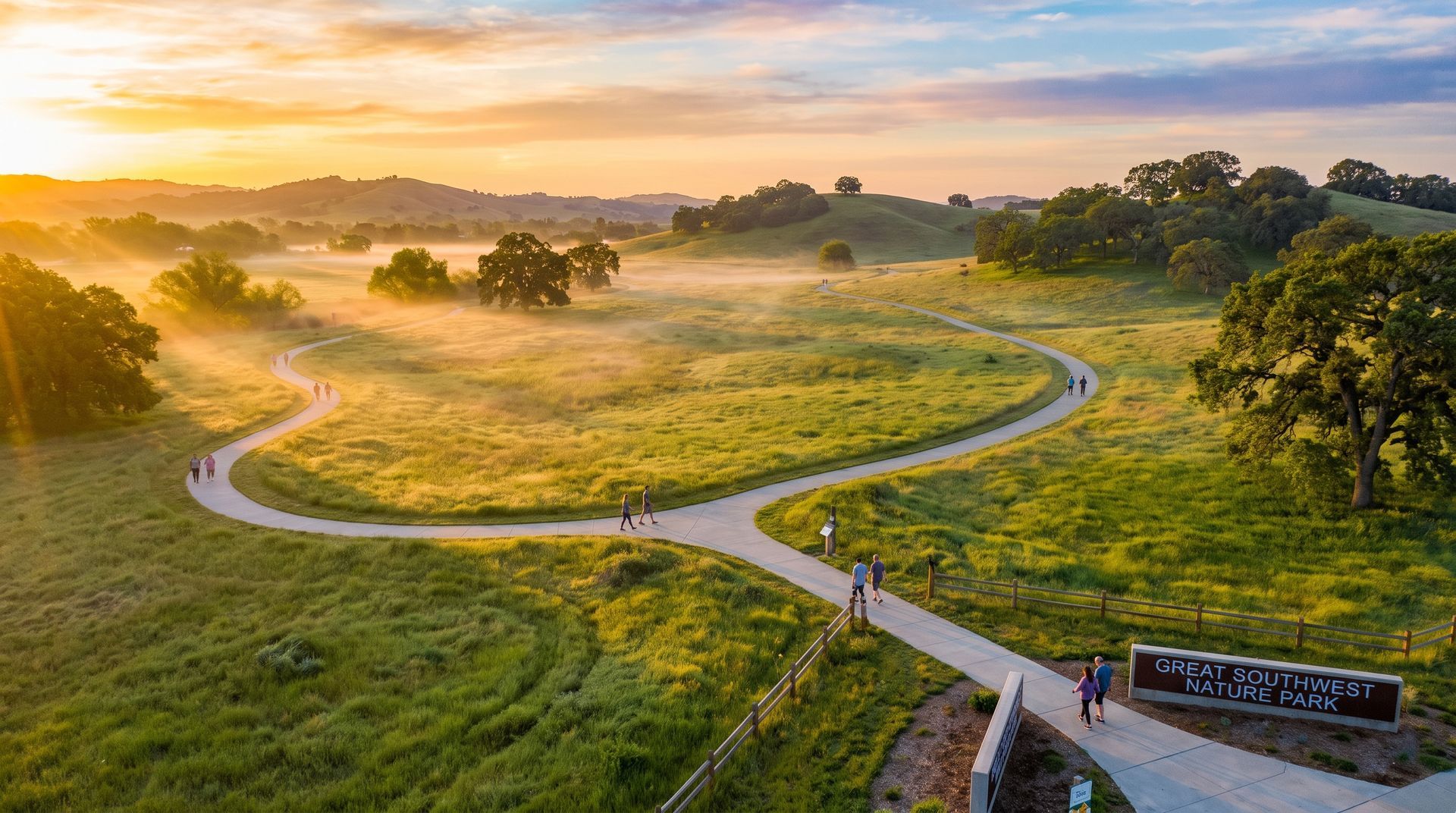 Scenic view of paved walking trail and green space at Great Southwest Nature Park in Grand Prairie