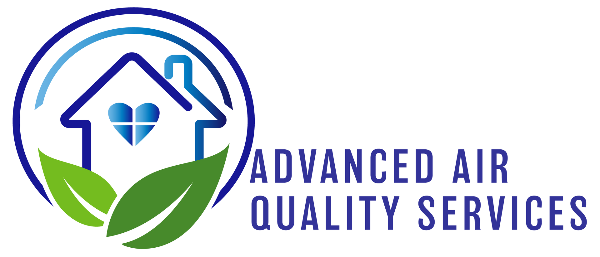 A logo for advanced air quality services with a house , heart , and leaves.