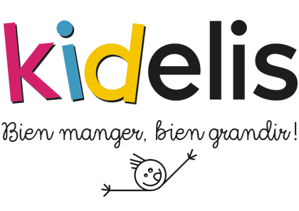 Logo Kidelis en rose, jaune et noir avec le slogan « Bien manger, bien grandir ! » et un bonhomme bâton souriant.