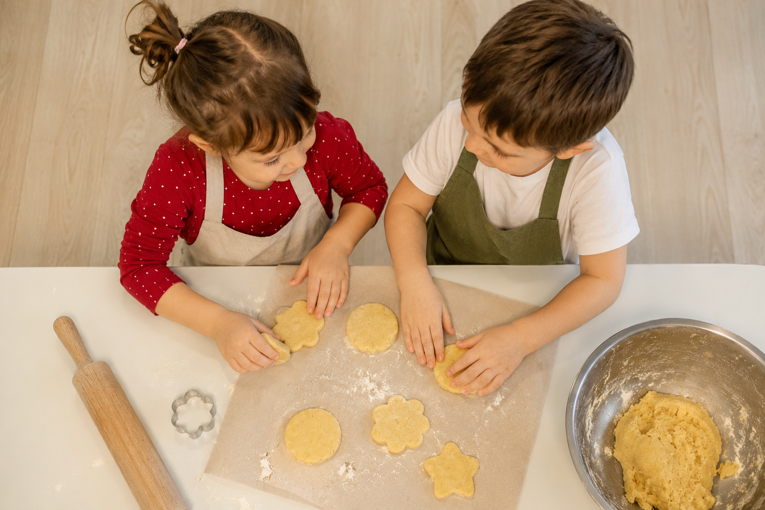 Deux enfants qui pétrissent la pâte et découpent des biscuits à une table de cuisine