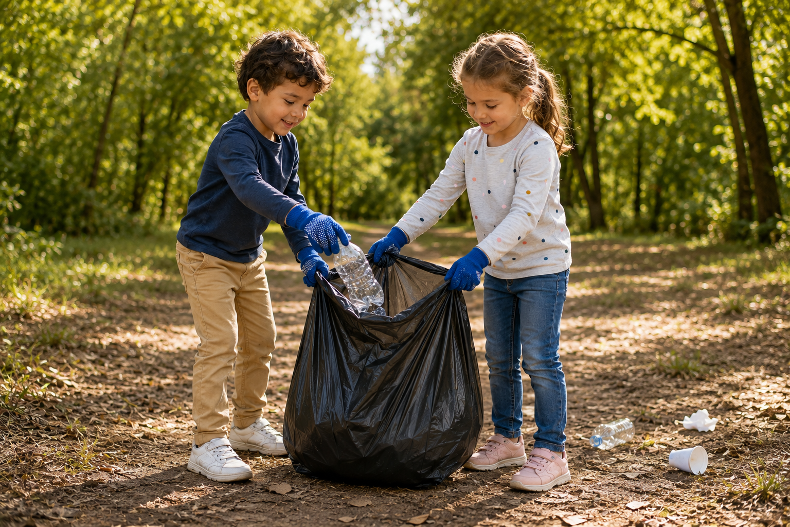 Deux enfants gantés ramassent des déchets dans un sac-poubelle noir, dans un parc ensoleillé.