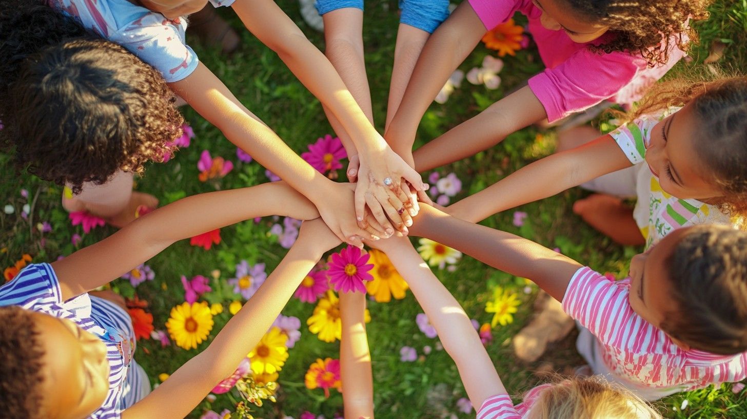 Mains disposées en cercle au-dessus de fleurs colorées sur l'herbe, vues du dessus