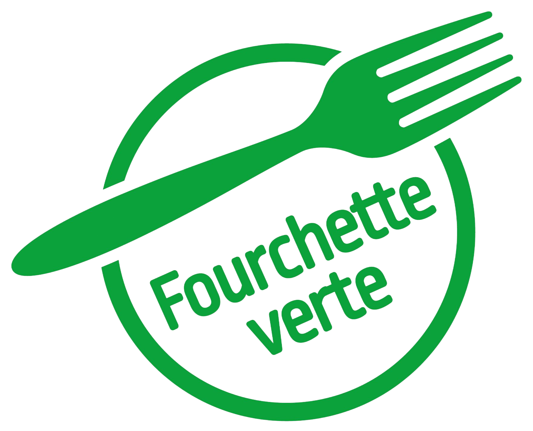 Logo circulaire vert avec une fourchette et les mots « Fourchette verte » inclinés à l'intérieur.